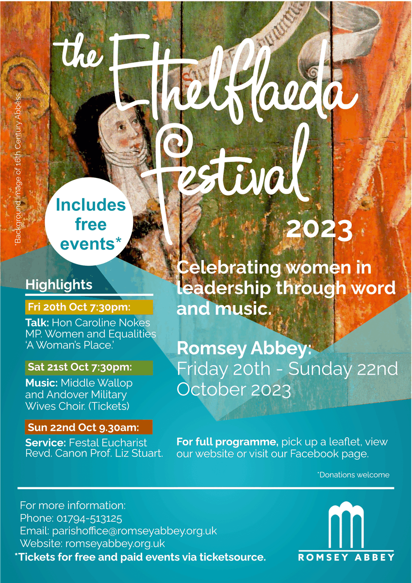 romseyabbey's tweet photo. Details of our annual Ethelflaeda Festival
Friday 20th - Sunday 22nd October.
Celebrating women in leadership through word and music
Talk by the Rt Hon Caroline Nokes
Concert by a Military Wives Choir
Services with Revd Prof Canon Liz Stuart and Revd Canon Sue Wallace
All Welcome https://t.co/zstT5e6DIP