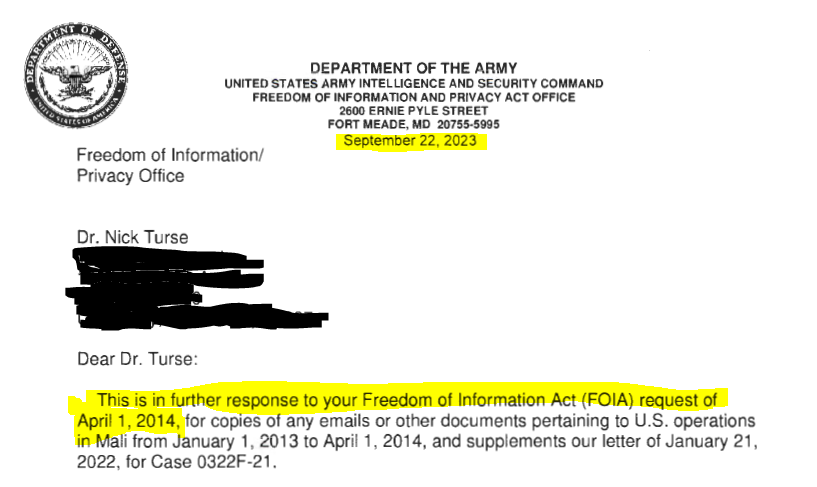 nickturse's tweet photo. Another U.S. military #FOIAfail. Records from an April 1, 2014 request provided on September 22, 2023.

USG: "The basic function of the Freedom of Information Act is to ensure informed citizens, vital to the functioning of a democratic society."  

Also USG: https://t.co/E9rEuQLnch