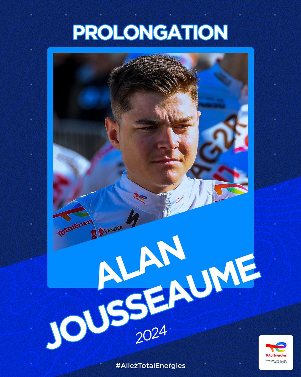 Team TotalEnergies (@teamtotalenrg) on Twitter photo 🚨 𝐏𝐑𝐎𝐋𝐎𝐍𝐆𝐀𝐓𝐈𝐎𝐍 🚨
Le <a href="/TeamTotalEnrg/">Team TotalEnergies</a> se félicite de prolonger d’une année supplémentaire Alan Jousseaume au sein de ses rangs. 🤝
Les regards se tournent vers l’avenir !
#AllezTotalEnergies 🚨 𝐏𝐑𝐎𝐋𝐎𝐍𝐆𝐀𝐓𝐈𝐎𝐍 🚨
Le <a href="/TeamTotalEnrg/">Team TotalEnergies</a> se félicite de prolonger d’une année supplémentaire Alan Jousseaume au sein de ses rangs. 🤝
Les regards se tournent vers l’avenir !
#AllezTotalEnergies