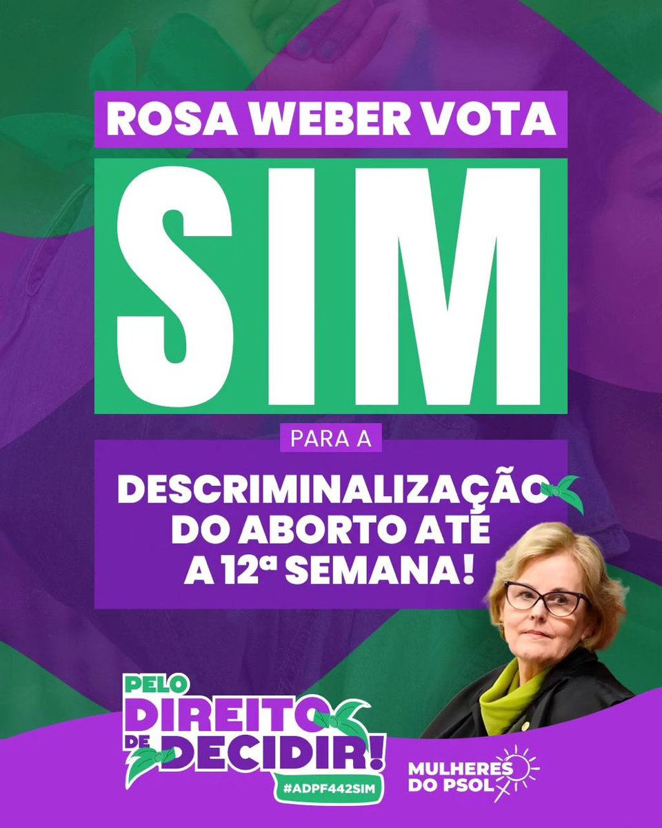 Estamos mais perto do direito de decidir! O primeiro voto favorável à ADPF 442 foi dado pela ministra Rosa Weber nesta sexta-feira (22). O caminho ainda é longo, mas seguiremos na luta pela descriminalização do aborto e por justiça reprodutiva! #ADPF442Sim #NemPresaNemMorta