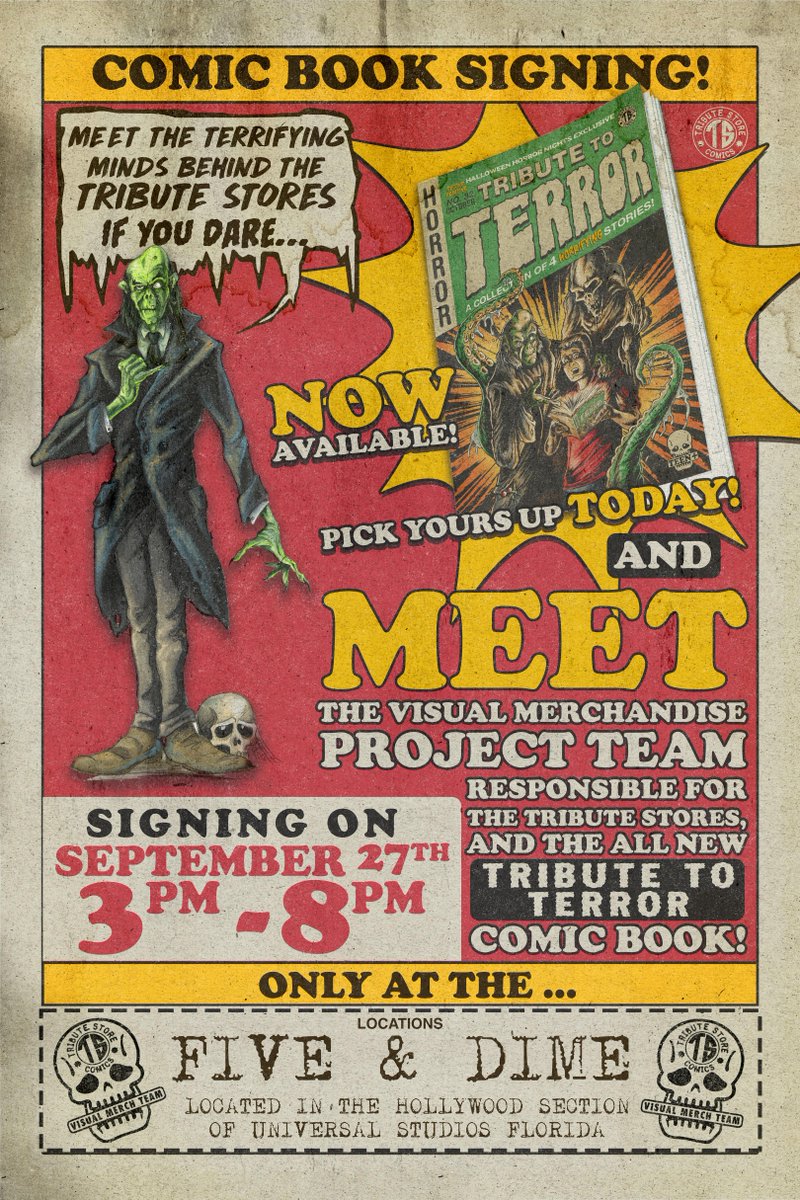 HorrorNightsORL's tweet photo. want to meet the human minds behind the tribute store? meet the visual merchandise project team for a special comic book signing sept 27th 3pm - 8pm. https://t.co/QzYYt6xtNx