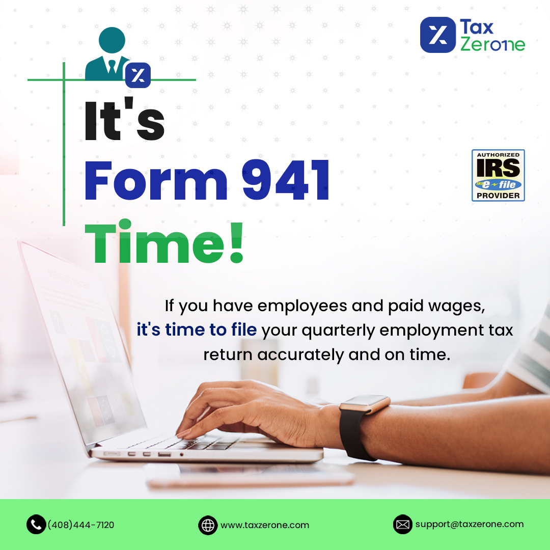 TaxZeroneUS's tweet photo. It's time to file your quarterly employment tax return with the IRS. Let TaxZerone help you stay tax-compliant. Get started with Form 941 filing now. Visit https://t.co/22XWrHyWQm or reach us at 408-444-7120
#taxzerone #Form941 #payrolltaxes #taxfiling #IRSForms #USAToday https://t.co/kn4Hh4swQH