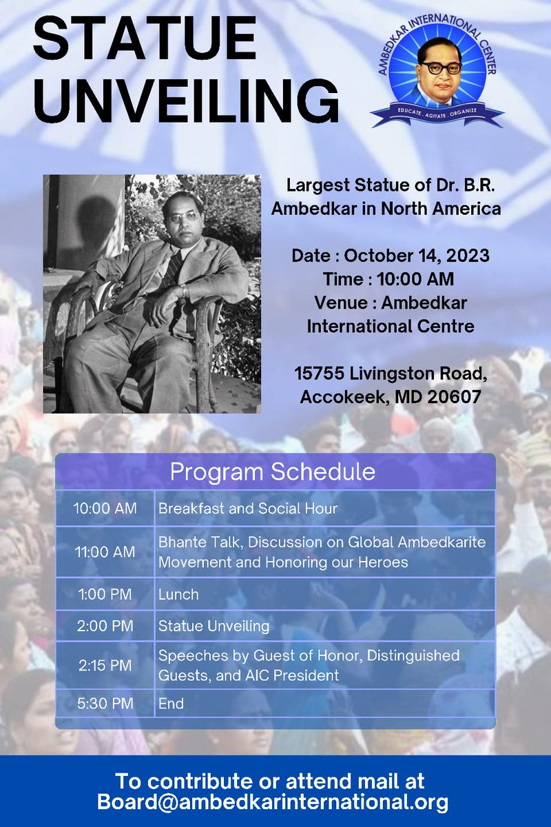 ambedkar_center's tweet photo. Please join the unveiling of the largest statue of Dr B R Ambedkar in the US. 

Date: Oct 14, 2023
Venue: 15755 Livingston Road
Accokeek, MD 20607

https://t.co/soti7iZ1Gz https://t.co/JnoOdVnzVB
