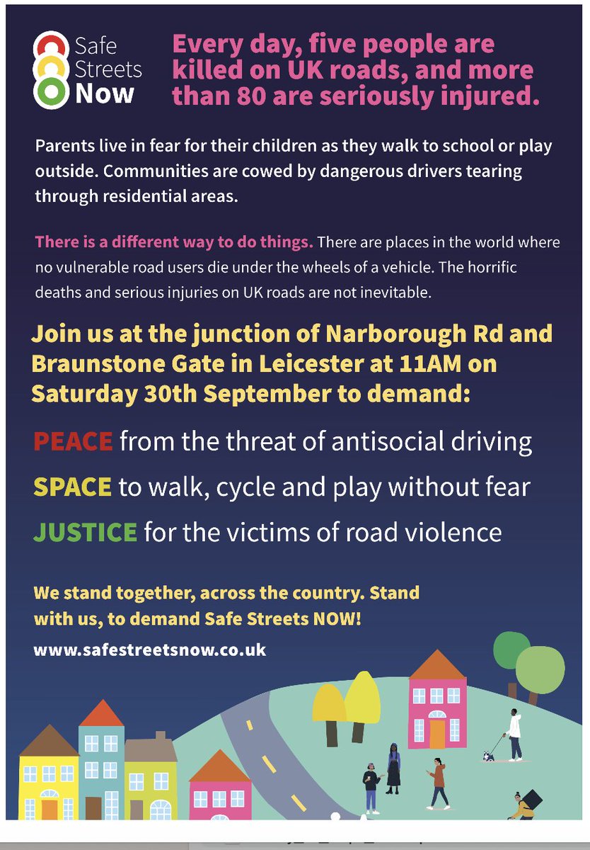 Come &amp; join us as we call for #SafeStreetsNow on Saturday 30th September 11-12 at the Narborough Road &amp; Braunstone Gate junction. All welcome to call for #PeaceSpaceJustice uniting across the country <a href="/what3words/">what3words</a> still.rests.secret <a href="/OweniteAdam/">Adam Clarke</a> please retweet