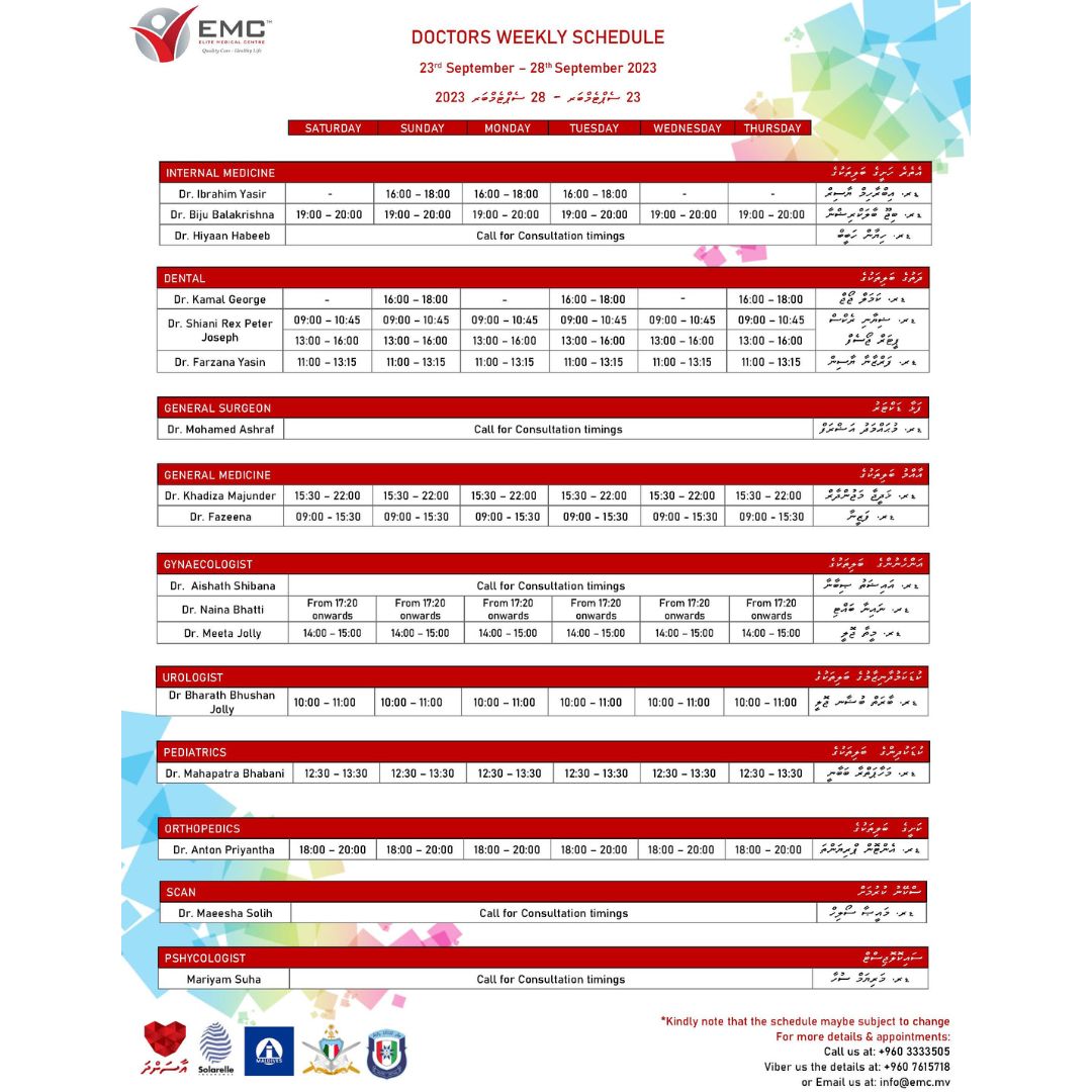 EMC weekly doctors schedule for your references - Week 23rd - 28th September 2023.
Call for consultations: 3333505
Viber: 7615718
Email: info@emc.mv
#doctorschedules #clinicschedule #yourhealthfirst #YourHealthOurMission #callforconsultation