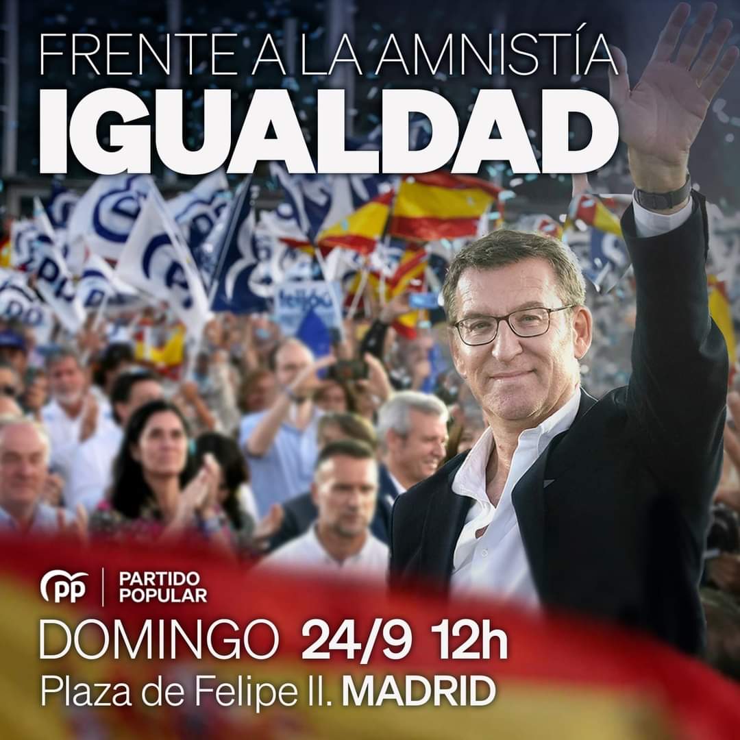 🔵 En la defensa un proyecto de convivencia y unidad, nos vemos el domingo 24S en Madrid.

🔵 Defendemos la igualdad de todos los españoles y de todos los territorios.

🔵 Estamos frente a los que quieren amnistía para los responsables de un desafío separatista sin precedentes.