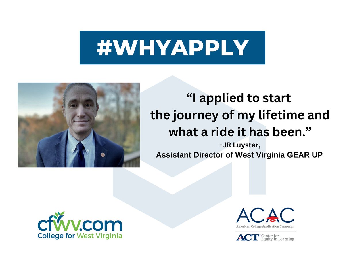 CFWV's tweet photo. Today, we are celebrating #WhyApply Day. Assistant Director of WV GEAR UP, Jason Luyster, shares why he chose to apply to college. https://t.co/trU4ddFJVX