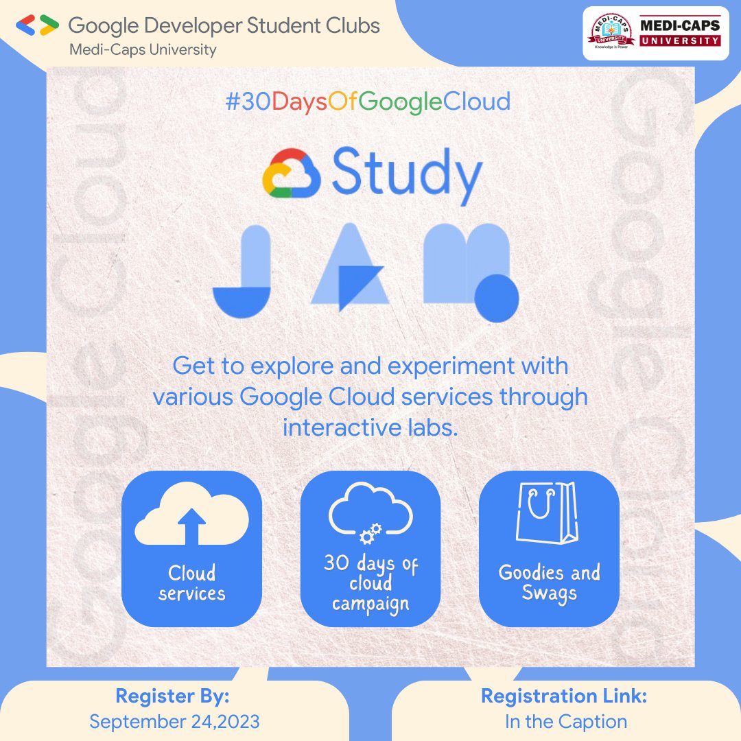 🚀 Ready to upgrade your tech skills to new heights? Join the Google Cloud Study Jam 2023 for an elevating cloud computing adventure with MU-GDSC! Learn and win exciting goodies! Register: forms.gle/7hFDNe8CaP6WYi…
