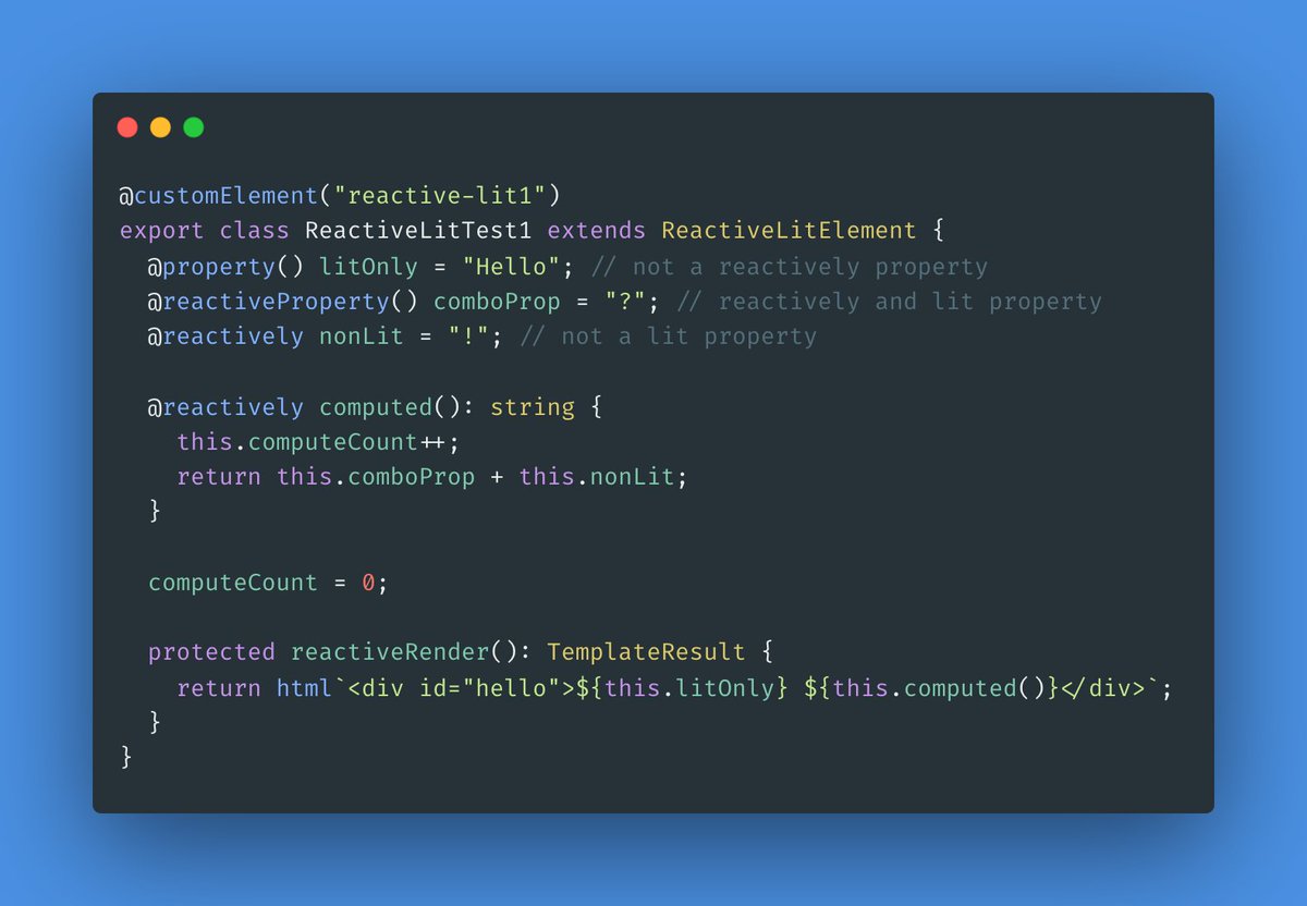 milomg__'s tweet photo. @EisenbergEffect @justinfagnani @littledan @preact Reactively also has an experimental decorator integration with Lit that allows using props as signals https://t.co/oG8JpZaPK7