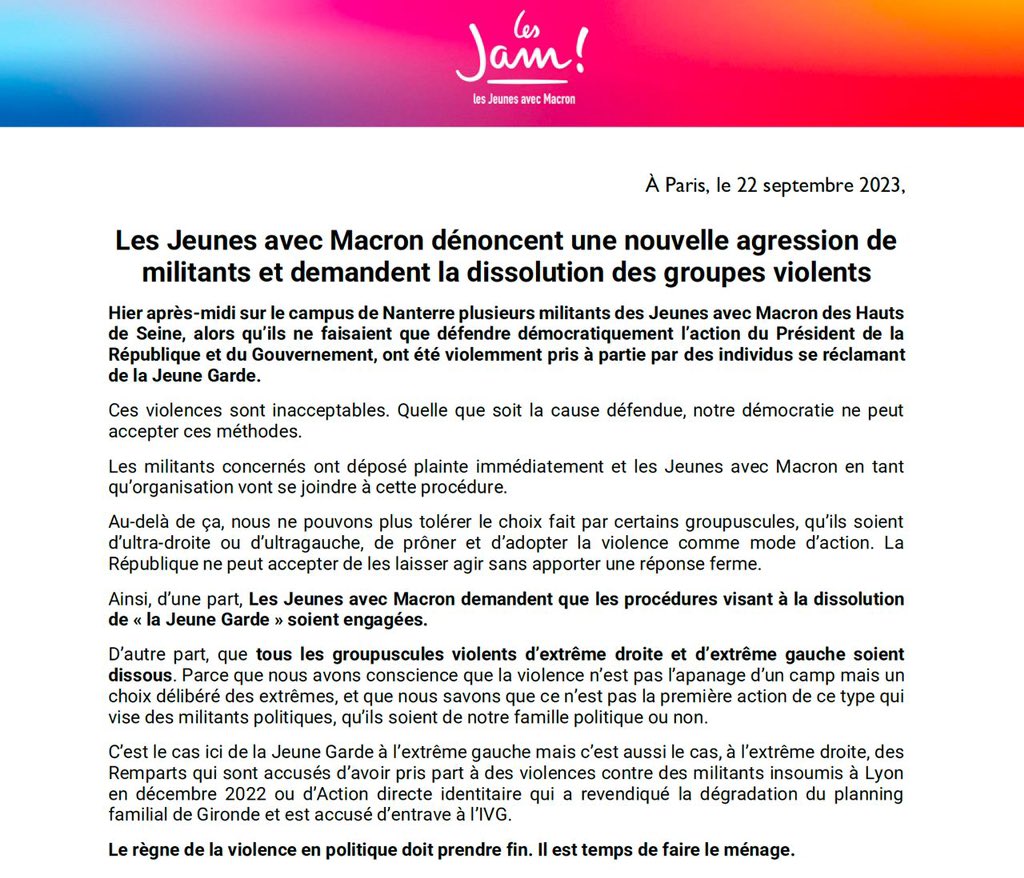 Hier, nos militants ont été menacés et agressés à Nanterre. Une plainte a été déposée.

Nous dénonçons ces actes et nous demandons la dissolution de ce groupuscule et de tous ceux qui prônent la violence comme mode d'action.

Le règne de la violence en politique doit prendre fin.