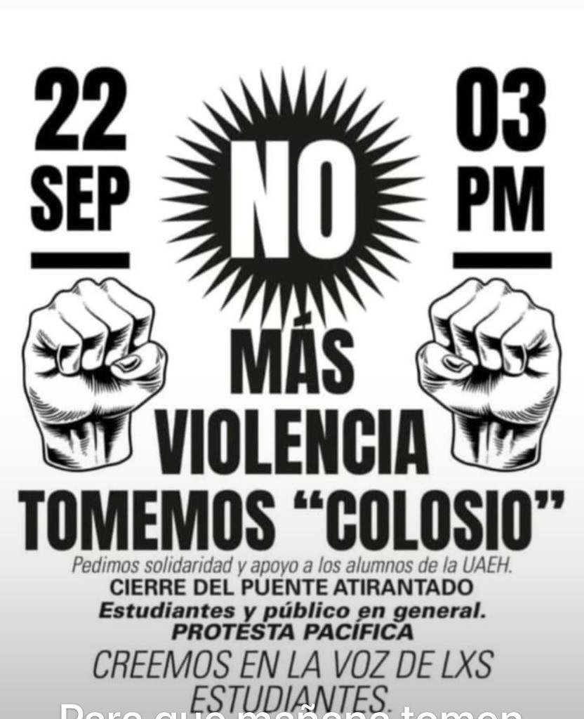 RedEmergenciasM's tweet photo. #Atension #TomeEnCuenta posibles marchas y manifestaciones en apoyo a los Alumnos de #IdA #UAEH ante la violencia, acoso, discriminación y Bullying / Cierre Blvd. Colosio Altura Puente Atirantado (3pm) tome vías alternas https://t.co/oqMH4nXD6h