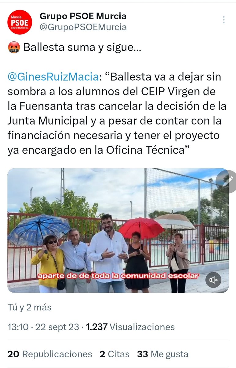 📢 Otra más de las #MentirasDeBallesta
Os están diciendo que es la Junta Municipal la que quiere desistir de la inversión en la cubierta del Colegio Virgen de la Fuensanta que quedó aprobada y financiada. Pues es MENTIRA. Es una decisión del equipo de Ballesta; os lo explico 🧵👇