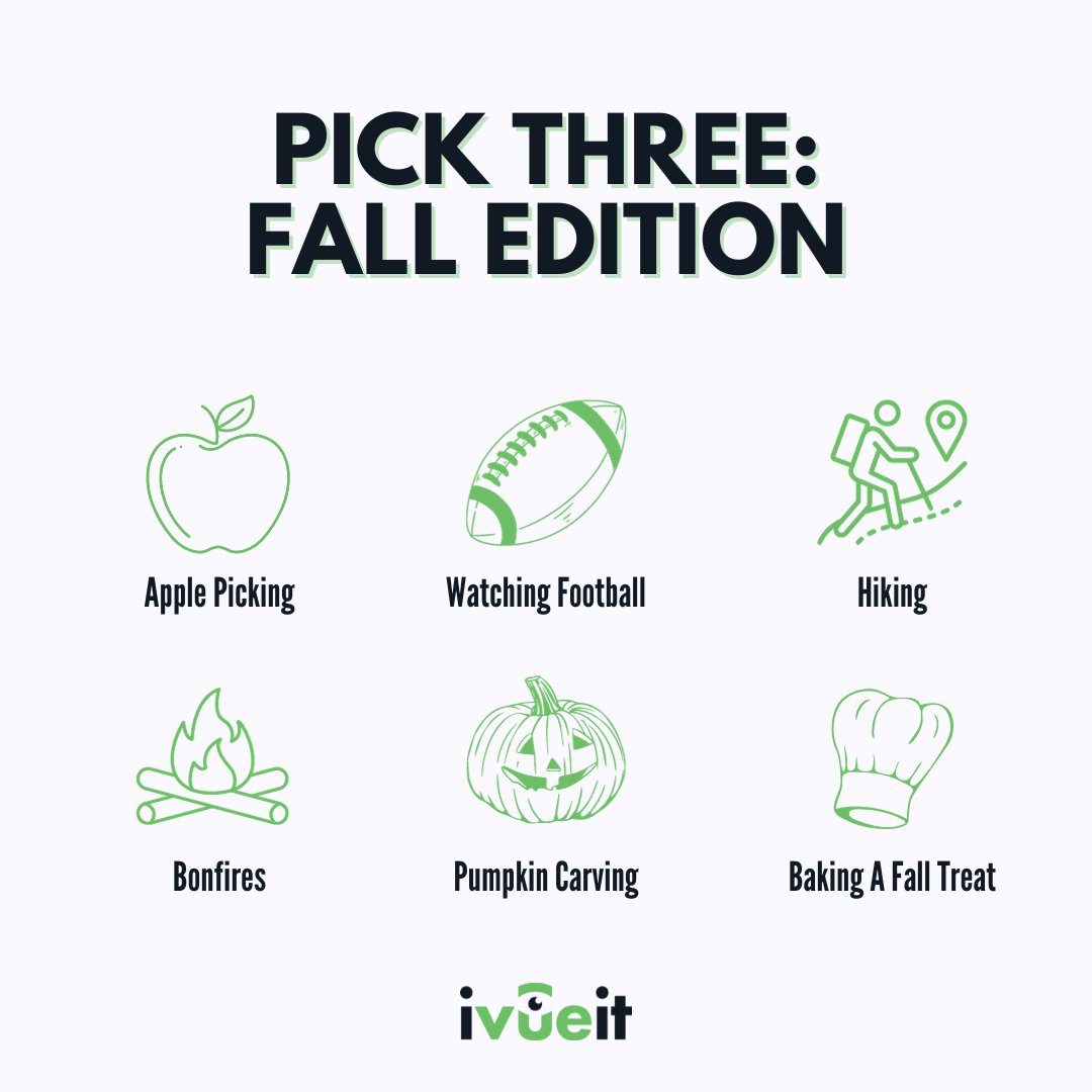ivueitapp's tweet image. 🍁Tough choices ahead!   

Fall is here and it's time for some seasonal fun - pick your top three activities from this list. Let us know your trio of autumn essentials in the comments below!   

🎃🍎🚶‍♂️🔥🏈🍂🧑‍🍳   

#FallFaves #iVueit #gigapp #gigwork