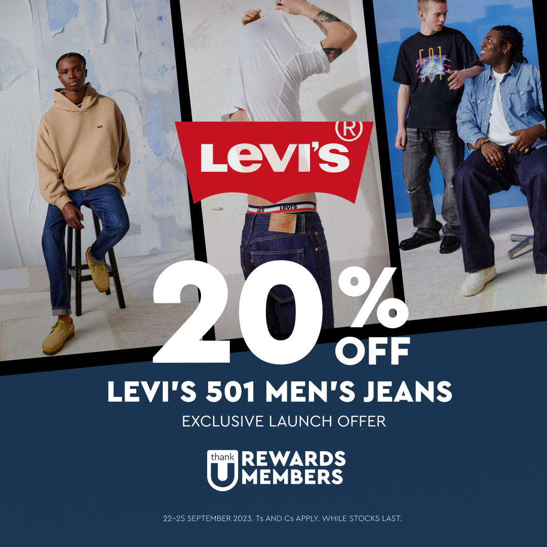 Thank U members, get ready to rock iconic style and save. Get 20% OFF selected Levi's when you shop online and in-store. Not a Thank U member? Sign up at the tills! Offer valid in-store only from 22-25 September 2023. While stocks last. Ts & Cs apply #Edgars #EdgarsFashion #Levis