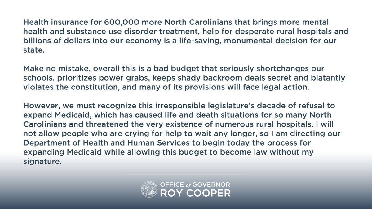 Gov. Cooper Statement on passage of state budget and Medicaid Expansion: