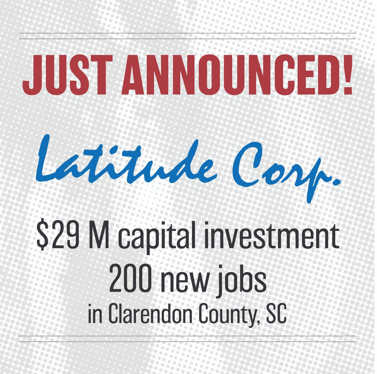 StartCentralSC (@startcentralsc) on Twitter photo JUST ANNOUNCED❗ 200 new jobs will be coming to #ClarendonSC at the future facility of Latitude Corp.
learn more ➤ startcentralsc.org/latitude-corp-…
#CentralSCRegion #HeartofSC #BusinessFriendlyBusinessReady <a href="/SCcommerce/">SC Dept. of Commerce</a> JUST ANNOUNCED❗ 200 new jobs will be coming to #ClarendonSC at the future facility of Latitude Corp.
learn more ➤ startcentralsc.org/latitude-corp-…
#CentralSCRegion #HeartofSC #BusinessFriendlyBusinessReady <a href="/SCcommerce/">SC Dept. of Commerce</a>