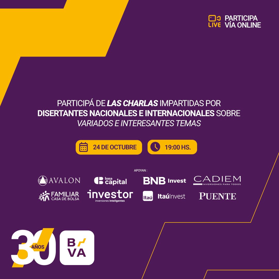 bvaoficial's tweet photo. Podés participar de nuestro evento aniversario vía online 🗣️

💻 Transmitiremos en vivo las charlas impartidas por nuestros distinguidos disertantes quienes abordarán temas relacionados con la actualidad,  tendencia del mercado bursátil y compartirán sus experiencias. https://t.co/TumTxkz73p