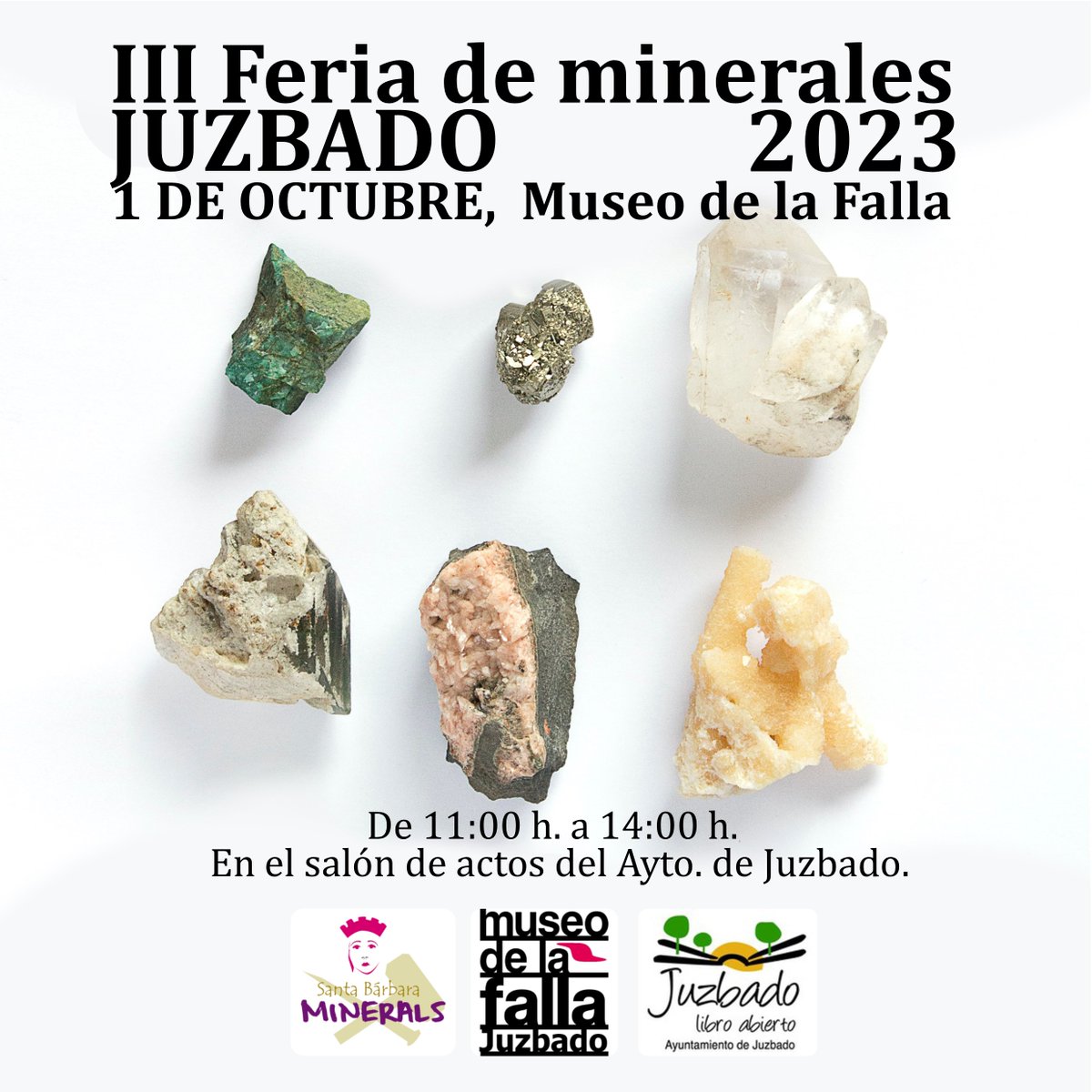 Museodelafalla's tweet photo. Os anunciamos la III Edición de la #FeriadeMinerales del #MuseodelaFalla de #Juzbado. Será el próximo domingo 1 de octubre de 11:00 h. a 14:00 h. en el salón de actos del Ayuntamiento. Nos acompañará #SantaBárbaraminerals. Os esperamos. https://t.co/u3YAOVDqgB