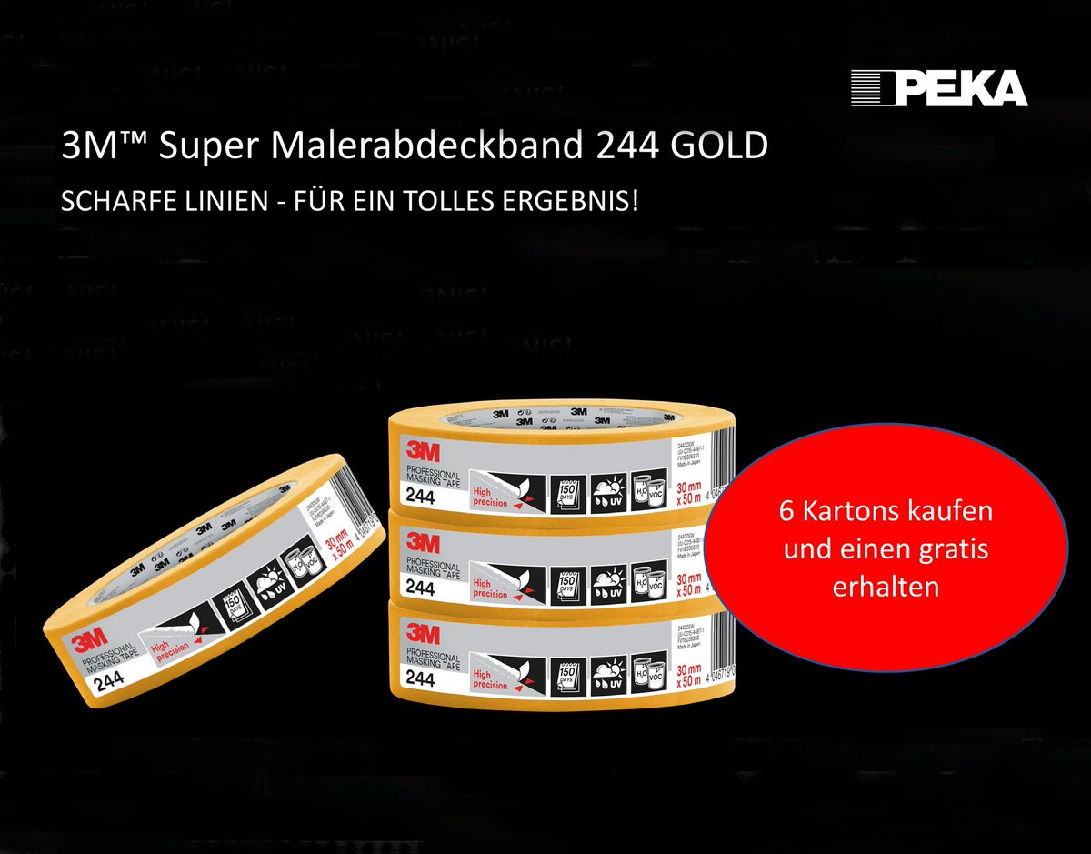 peka_ag's tweet photo. Wir freuen uns, Ihnen unsere exklusive #3M #Aktion vorzustellen. Beim Kauf von 6 Kartons #Malerabdeckband 244 GOLD erhalten Sie 1 Karton gratis! Diese Aktion ist die ideale Gelegenheit, hochwertige 3M Klebebänder zu einem unschlagbaren Preis zu erhalten. https://t.co/PxffKeh97s
