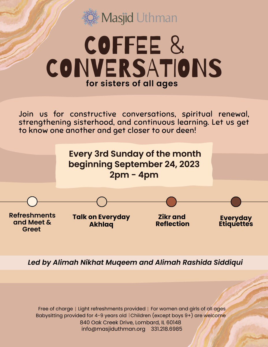 Sisters! Are you looking for regular spiritual renewal in a friendly environment? Did you enjoy our annual Sisters’ Retreat, and would you like to continue benefiting regularly? Join us for Coffee and Conversations, a monthly program led by female scholars starting September 24!