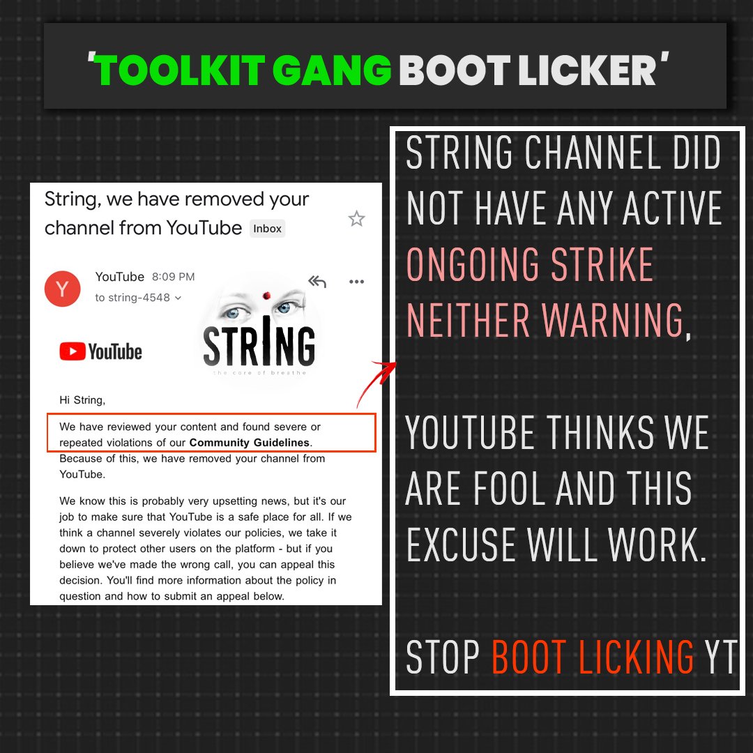 ChampGarura's tweet photo. Deleting @Stringreveals channel is an attack on the Free speech and Human rights of Indian citizens. #IstandwithStringVinod
Urging all Nationalist influencers and right wing community to speak up against the constitutional violation by Youtube.
#BringBackStringChannel
#FreeSpeech https://t.co/H8xGwFfE5I