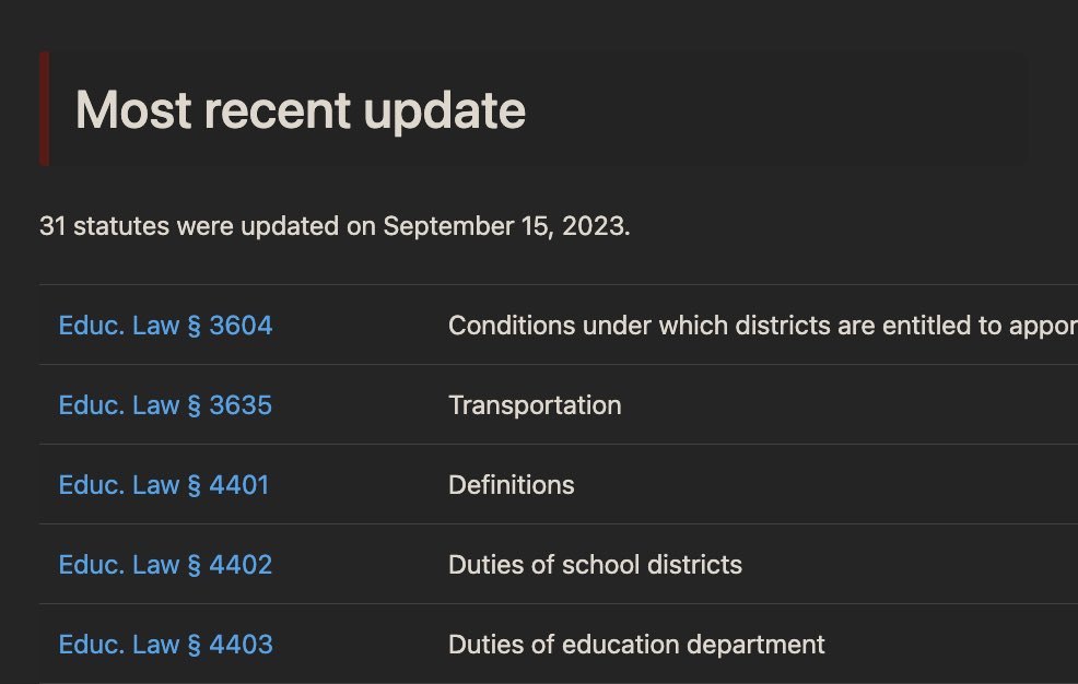 law_is_code's tweet image. Latest fun #LegalTech feature, started yesterday: explore the most recent changes to the New York statutes.