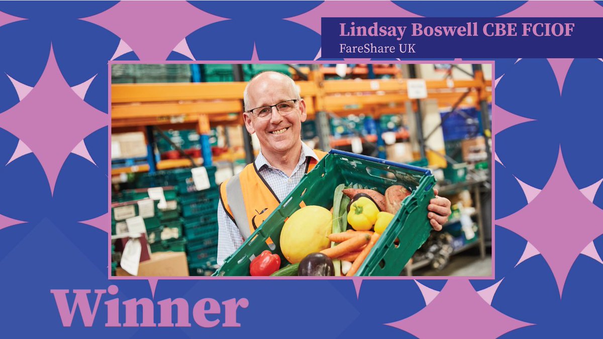 Congratulations to Lindsay Boswell CBE FCIOF of @FareShareUK the WINNER in the Charity Chief Executive category at the 2023 #ThirdSectorAwards! @ThirdSector