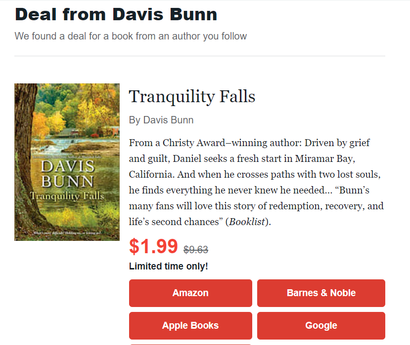 davisbunn's tweet photo. Flash sale! Some of you commented you missed the last sale, so ... Have a nice weekend! 

Tranquility Falls, a Miramar Bay #romance

#booksale #bookbub #romanceauthor #bookloversunite https://t.co/3dgIWB4fH5