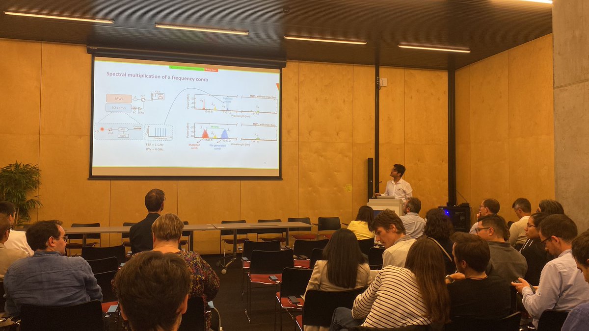 bePhotonMeetup's tweet photo. The last #bePOM23 🗣️ in "Quantum, non-linear and laser optics" session was given by  Dr. @sisseleo @ULBruxelles "Temporal soliton in resonators", &amp; Shahab Abdollahi @BPhotVub  about "Programmable THz-range comb multiplication using a feedback-controlled multi-wavelength laser". https://t.co/U9jTFYet7B