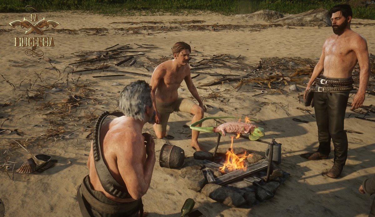 Una tarde en la playa, donde las historias se cocinan a fuego lento. Un festín clandestino en la arena. 🏝️🦎 #RDO #RedDeadRedemption #redm #ladiligencia