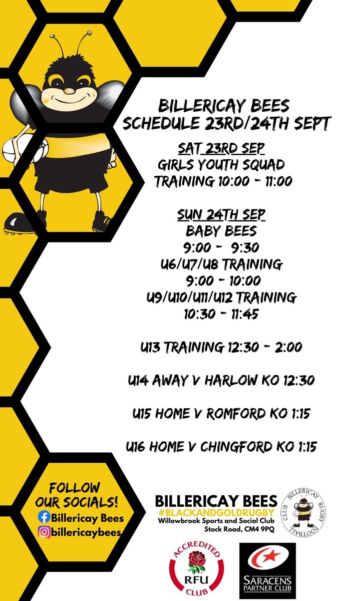 BILLERICAY BEES SCHEDULE 23/24 SEPTEMBER 2023
First Youth Matches of the Season! Come and support the U15 and U16!
A busy schedule this weekend at Willowbrook!