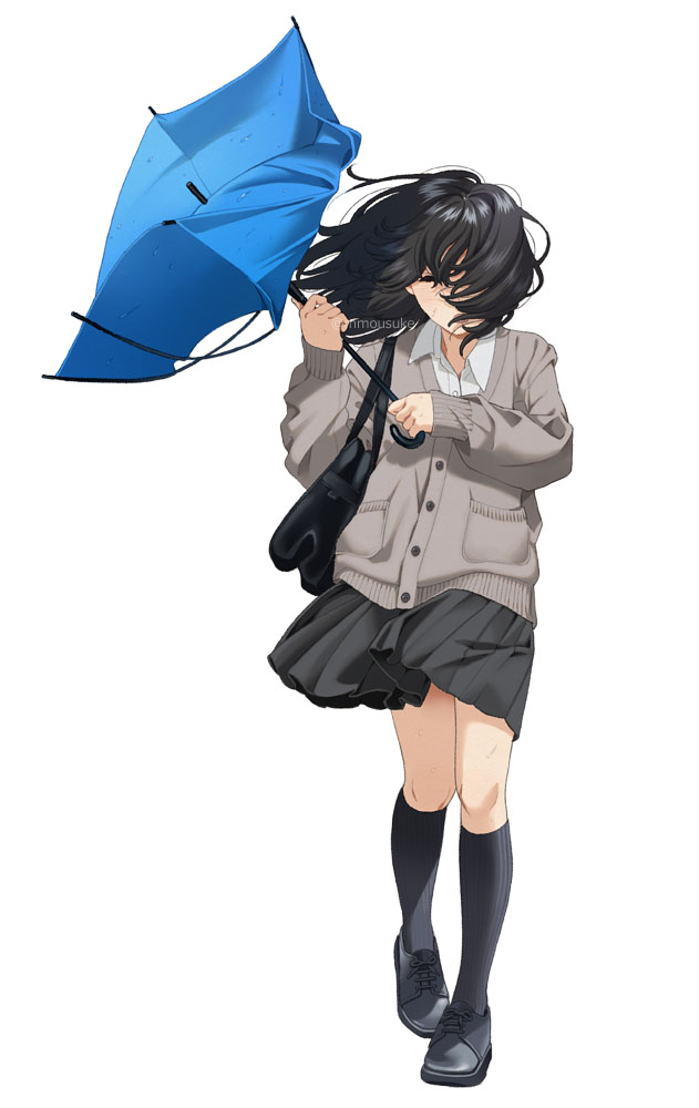 1girl solo umbrella skirt black hair white background socks  illustration images