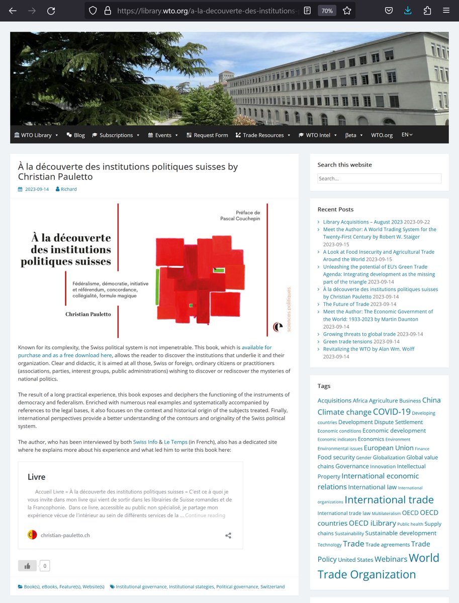 DISCOVER THE #WTO LIBRARY BLOG and find news, events and stories on #tradelaw, #internationaltrade, and much more: This week I was glad to see a library post about my new book 👉library.wto.org/a-la-decouvert… on Swiss political institutions. All posts available in 14 languages. #trade