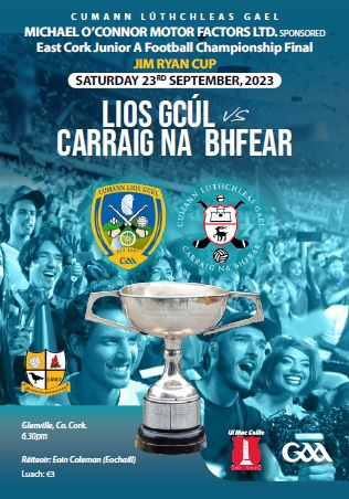 EastCorkGAA's tweet photo. Looking forward to East Cork Junior A Football Final in Glenville this Saturday evening at 6.30pm as Lisgoold take on Carraig na bhFear.  Lisgoold bid for their first and Carraig their first since 1975.  See you there. A  Souvenir Programme on sale too  
https://t.co/xxOcZpQA8f https://t.co/7UGyKpa6ej