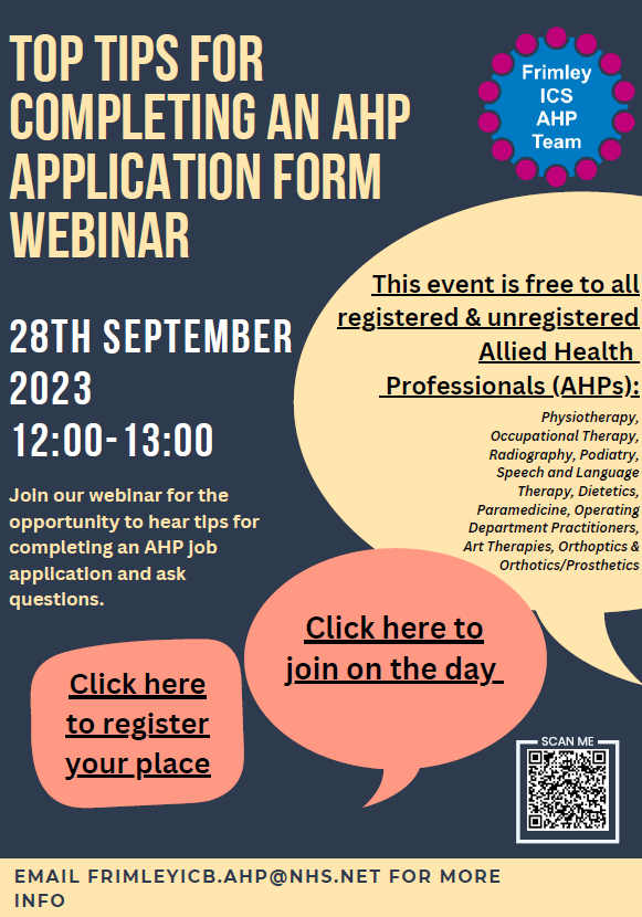 Do you need help writing your application for your first or next AHP job? We're here to help! Join our webinar next Thursday 28th at 12pm. Register: eventbrite.co.uk/e/top-tips-for… Webinar Link: teams.microsoft.com/dl/launcher/la… #WeAHPs #AHPs #RtP <a href="/FrimleyHC/">FrimleyHealth&CareICS</a>