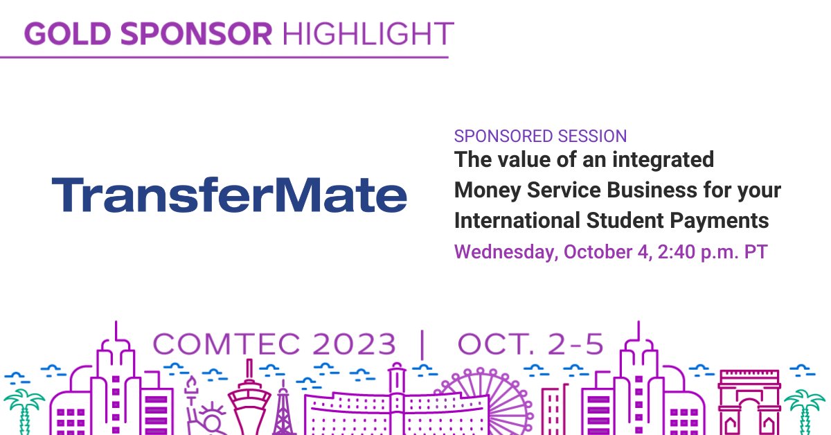 TouchNet (@touchnet) on Twitter photo TransferMate joins us at #COMTEC2023 to discuss how to support international students with an integrated crossborder payment provider, while preventing fraud from high-risk countries.
Connect with <a href="/TransferMate/">TransferMate</a> in Las Vegas, October 2-5.
Register here: bit.ly/3t1SCvg TransferMate joins us at #COMTEC2023 to discuss how to support international students with an integrated crossborder payment provider, while preventing fraud from high-risk countries.
Connect with <a href="/TransferMate/">TransferMate</a> in Las Vegas, October 2-5.
Register here: bit.ly/3t1SCvg