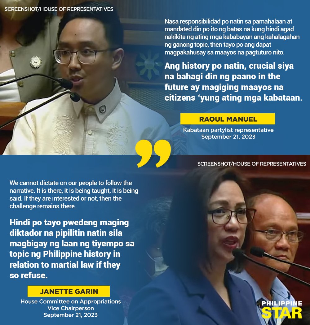 PhilippineStar's tweet photo. ‘HINDI PO TAYO PWEDENG MAGING DIKTADOR’

Iloilo 1st district Representative Janette Garin stands firm that the Commission on Higher Education cannot force students to learn about martial law as Kabataan Partylist Representative Raoul Manuel inquired on the implementation of the topic in tertiary institutions during the plenary debate on Commission on Higher Education’s (CHEd) 2024 budget on Thursday.