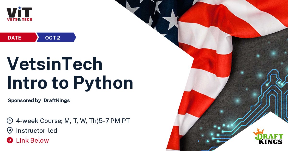 VetsinTechHQ's tweet image. 🚀 Level up your career with Python Fundamentals for Data Science! Learn Data Analytics, Web Scraping, and more. Valued at $5,000+, only $10 for vets. Open to Active Duty, Veterans, Reserves, Guard, and spouses. Secure your spot now! 🐍💼 #VetsinTech #PythonDataScience