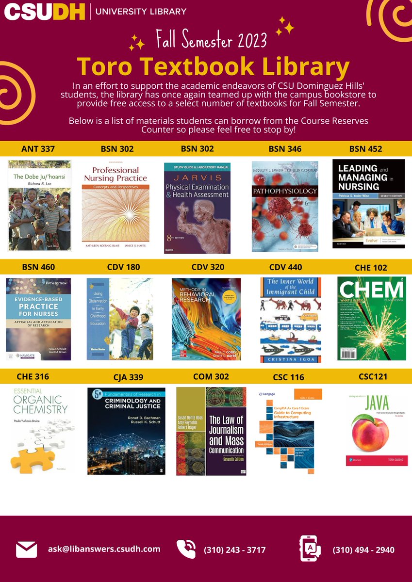 CSUDHLib's tweet image. To support the academic endeavors of our Toros, Course Reserves is providing a selection of free, loanable textbooks for the fall semester. Come stop by the Course Reserve’s desk and check out what we have to offer!