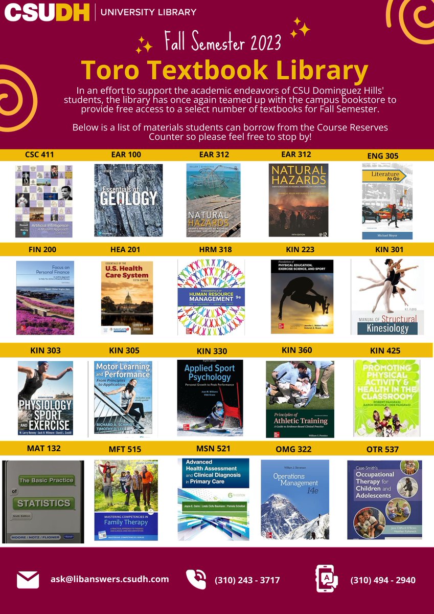 CSUDHLib's tweet image. To support the academic endeavors of our Toros, Course Reserves is providing a selection of free, loanable textbooks for the fall semester. Come stop by the Course Reserve’s desk and check out what we have to offer!