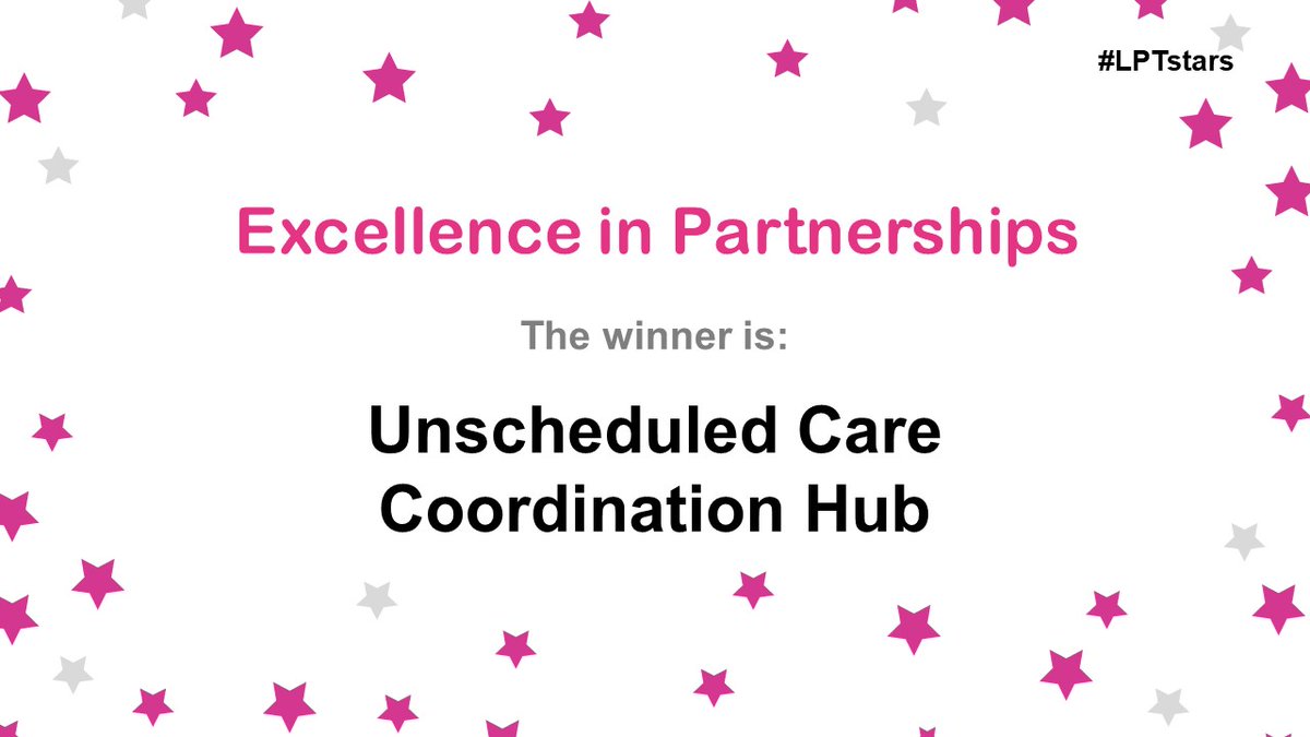 … and the winner is: the Unscheduled Care Coordination Hub 🎉 To date the hub has been able to manage over 3,500 patients, reducing the need for an EMAS call out and providing advice, support and intervention instantly to support patients to remain safely at home. #LPTstars