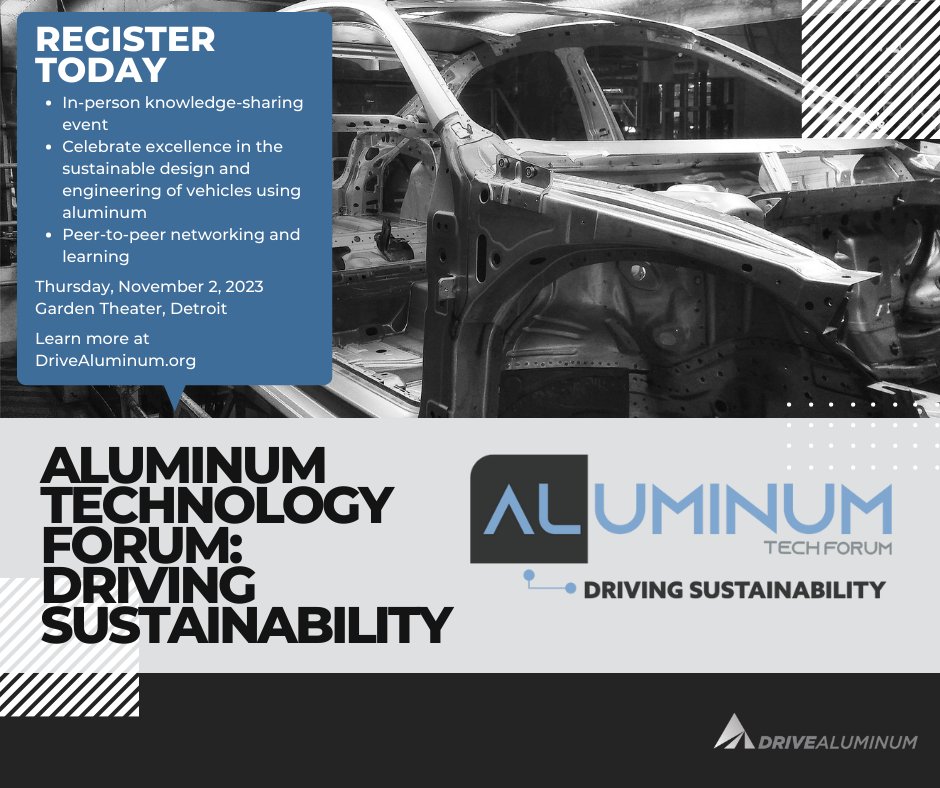 📢 Register today for <a href="/DriveAluminum/">Drive Aluminum</a>’s Nov. 2 in person event at Detroit’s Garden Theater.

The Aluminum Tech Forum will explore aluminum design successes, material advancements for sustainability &amp; offer networking with industry leaders. 

Register: aluminum.site-ym.com/events/registe…