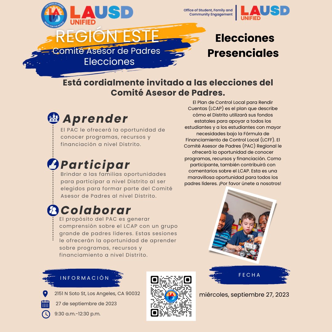 Office of Student, Family and Community Engagement (@lausdfamilies) on Twitter photo Se invita a las familias de <a href="/LASchoolsEast/">LAUSD Region East</a> a elegir a sus representantes de la Región para el Comité Asesor de Padres (PAC). Si desea convertirse en miembro del PAC, asista a la elección en persona. Se invita a las familias de <a href="/LASchoolsEast/">LAUSD Region East</a> a elegir a sus representantes de la Región para el Comité Asesor de Padres (PAC). Si desea convertirse en miembro del PAC, asista a la elección en persona.