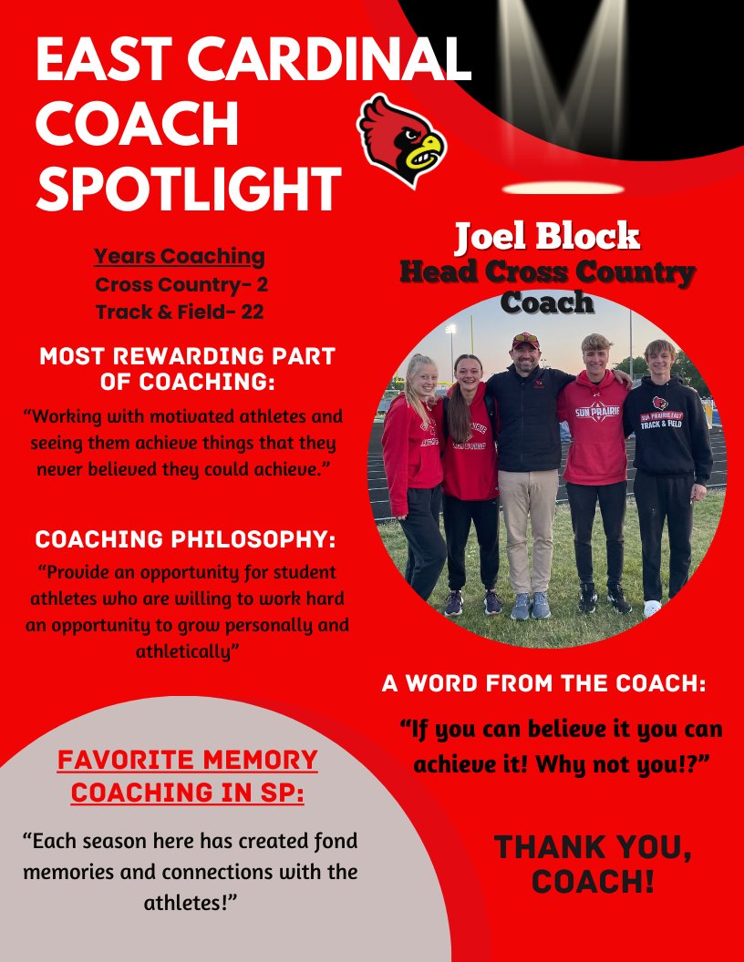 Coach Spotlight continues! Shout out to Joel Block, <a href="/sppolevault/">Joel Block</a> , long time Cross Country and Track &amp; Field Coach for SP East! Thanks for everything you do and best of luck tomorrow in Janesville!