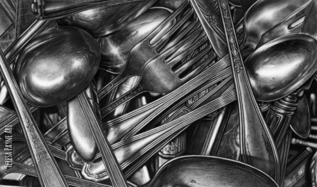 Drawing I finished a few days ago. Charcoal. 9.5' X 16' Original artwork and prints available at: TeresaPayneArt.com #art #ArtistOnTwitter #artist #artwork #charcoal #charcoaldrawing #realism #hyperrealism #StillLife #silverware #tableware