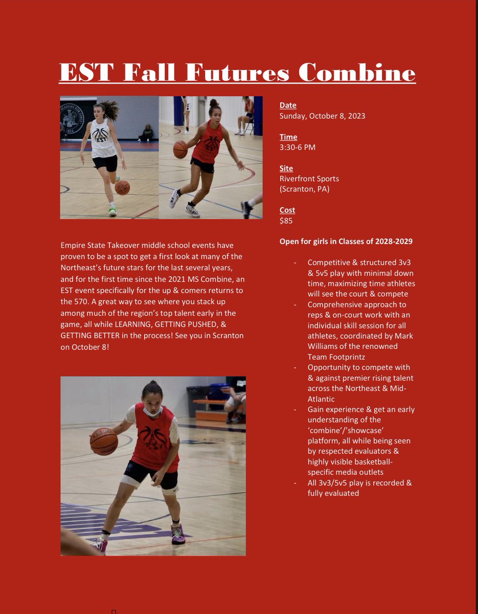 🗓️ OCTOBER 8
📍 <a href="/Riverfront_NEPA/">Riverfront Sports</a> (Scranton)

Same day, same place, all heat 🔥

HS starts, MS finishes. Compete, build (<a href="/FootprintzGroup/">The FOOTPRINTZ GROUP</a>), be seen! Info &amp; registration ⬇️

#ESTFallShowcase (2024-27): empirestatetakeover.com/2023/09/08/9th…

#FallFuturesCombine (2028-29): empirestatetakeover.com/2023/09/14/est…