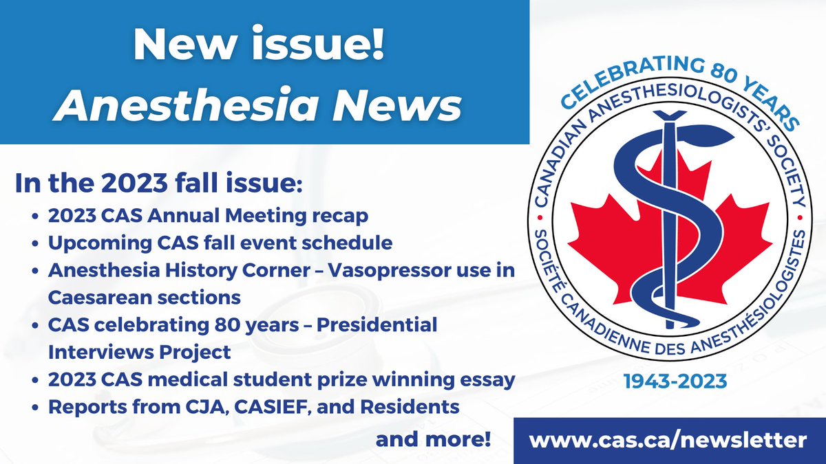 CASUpdate's tweet image. The NEW issue of the Anesthesia News newsletter is live! 

Check it out online - online.fliphtml5.com/blqt/kjeq/

Featuring: @cja_journal @CAS_History @CAS_IEF @CASresidents @CARFUpdate @ON_Anesthesia #CASAM2023 #CASAM2024