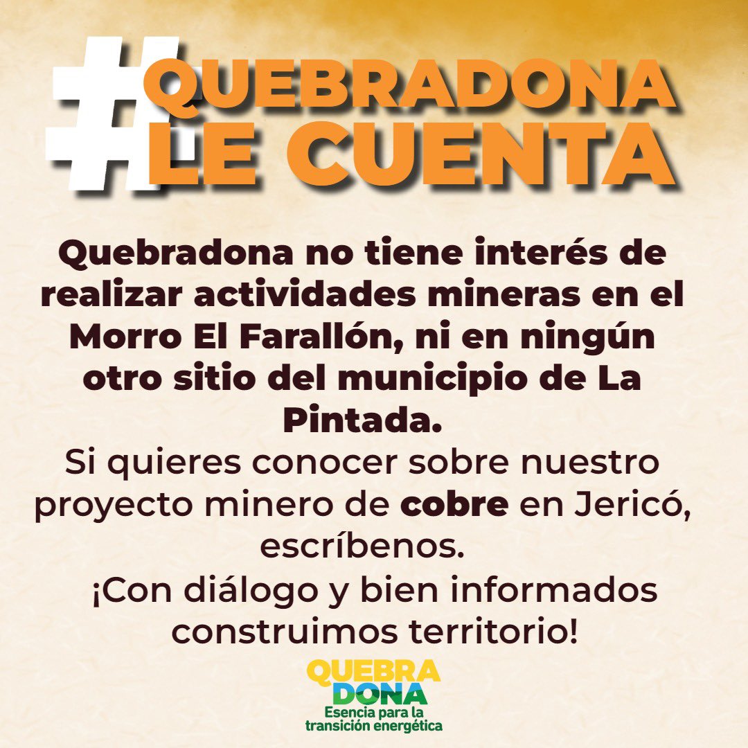 AGAColombia's tweet photo. #𝗤𝘂𝗲𝗯𝗿𝗮𝗱𝗼𝗻𝗮𝗟𝗲𝗖𝘂𝗲𝗻𝘁𝗮
No tenemos interés en realizar operaciones mineras en el municipio de La Pintada. https://t.co/ptQbmhPnaw