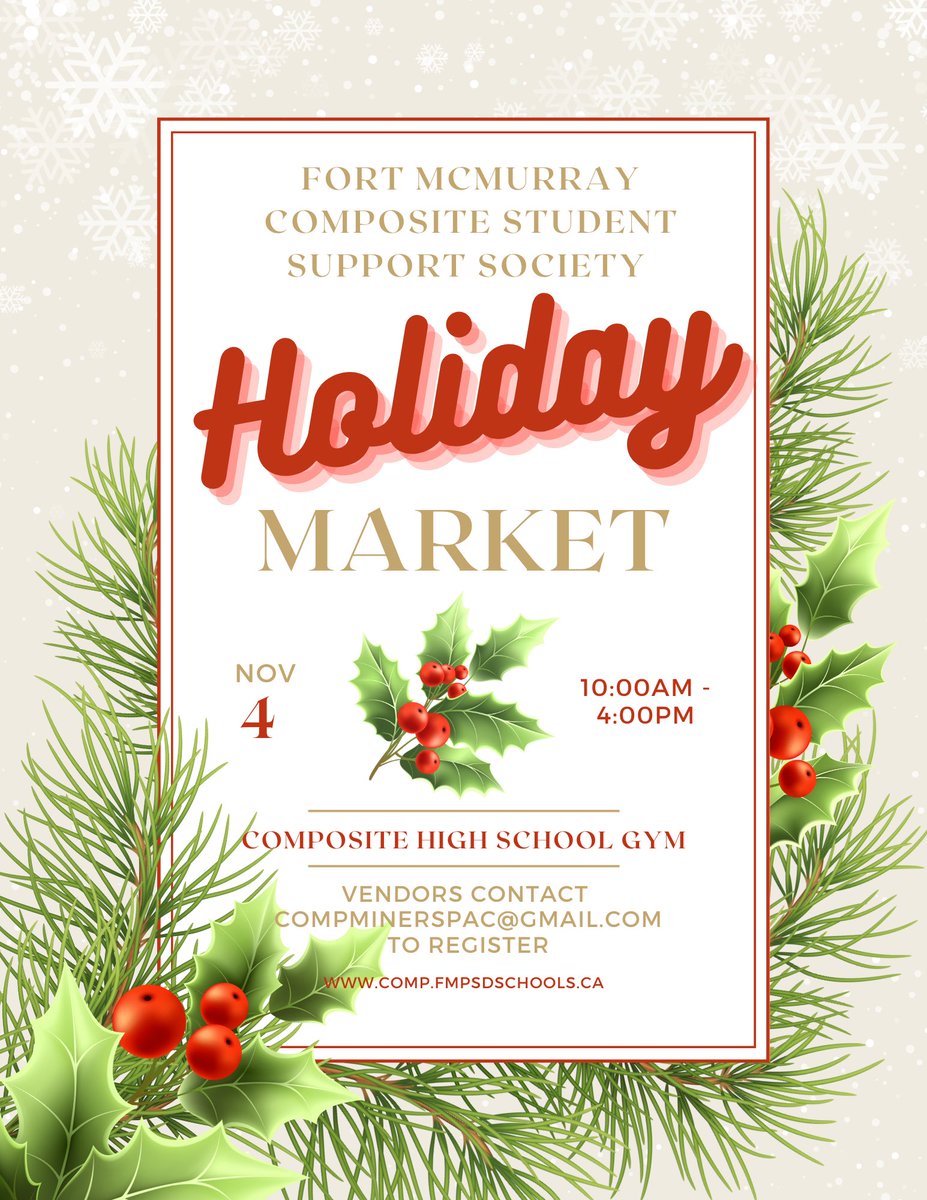 Composite Student Support Society is hosting a holiday market November 4th. Please contact compminerspac@gmail.com for more information and to reserve your table! @FMPSD @Mix1037FMNews #ymm