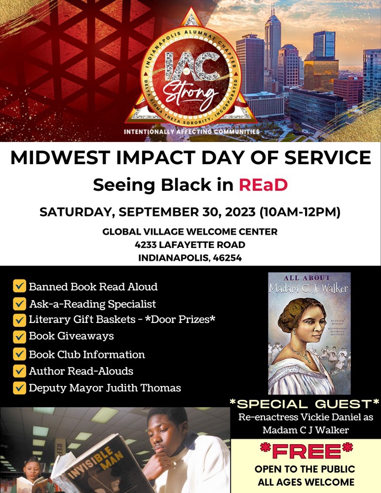 Join Midwest Delta Sigma Theta chapters and the Black Caucus of the American Library Association on 9/30/23 from 10:00 a.m. to 12:00 p.m. at the Global Village Welcome Center. We hope to see you there!